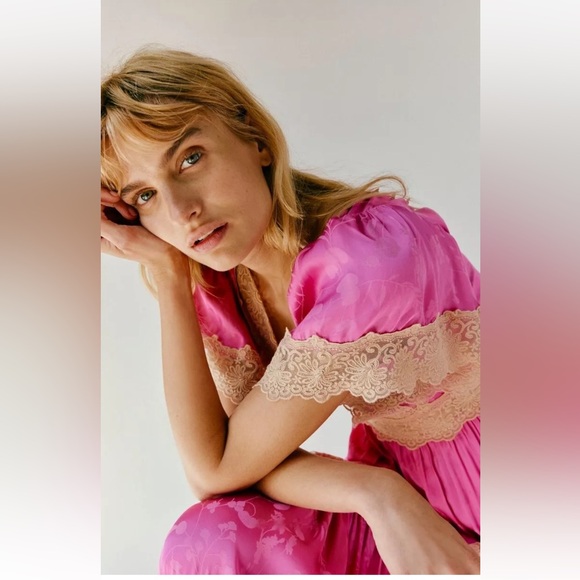 Free People Spell Ocean Gown Maxi Silky Hibiscus Pink Ivory Lace Tiered - Picture 5 of 7